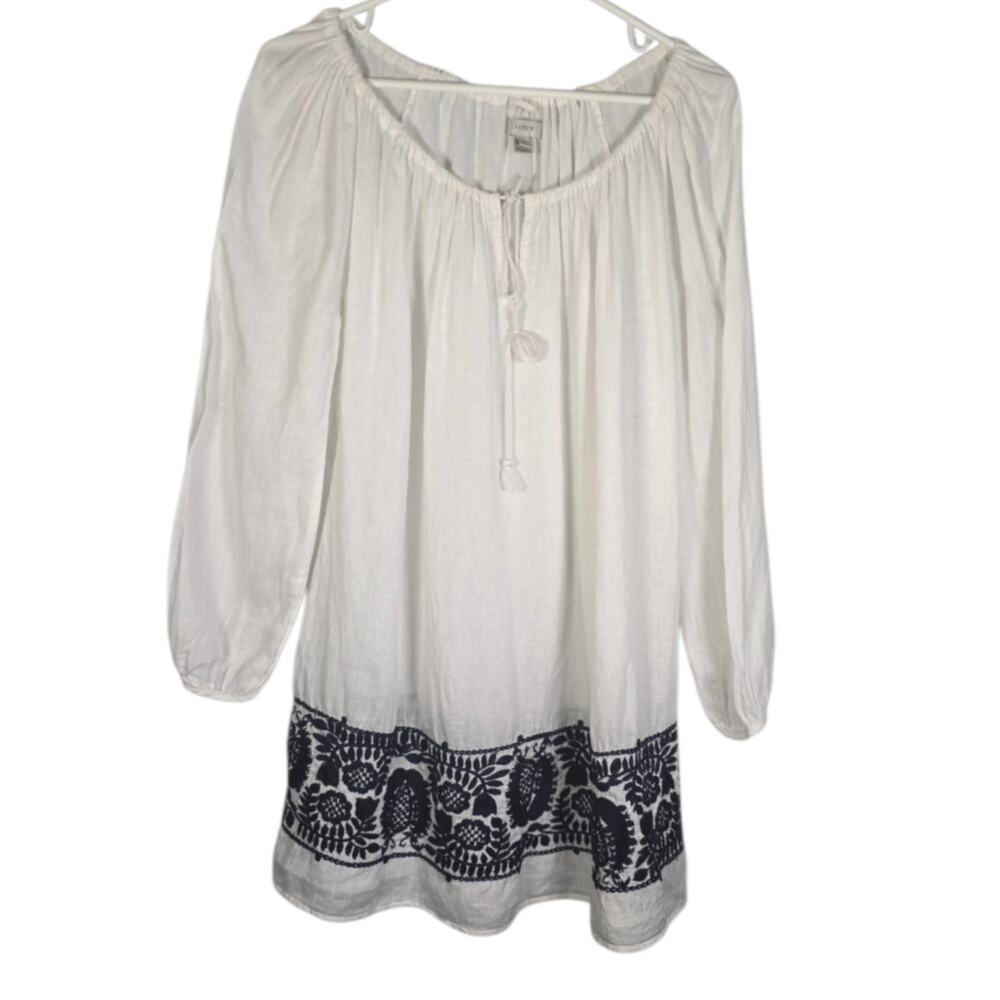 J.Crew Linen Peasant Top White Navy Embroidered Hem Boho Blouse XS